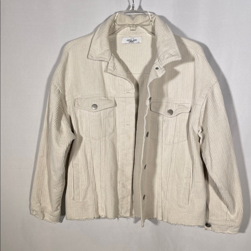 CARLY JEAN LOS ANGELES WOMENS FRAYED HEM CORDUROY JACKET OFF WHITE SMALL
